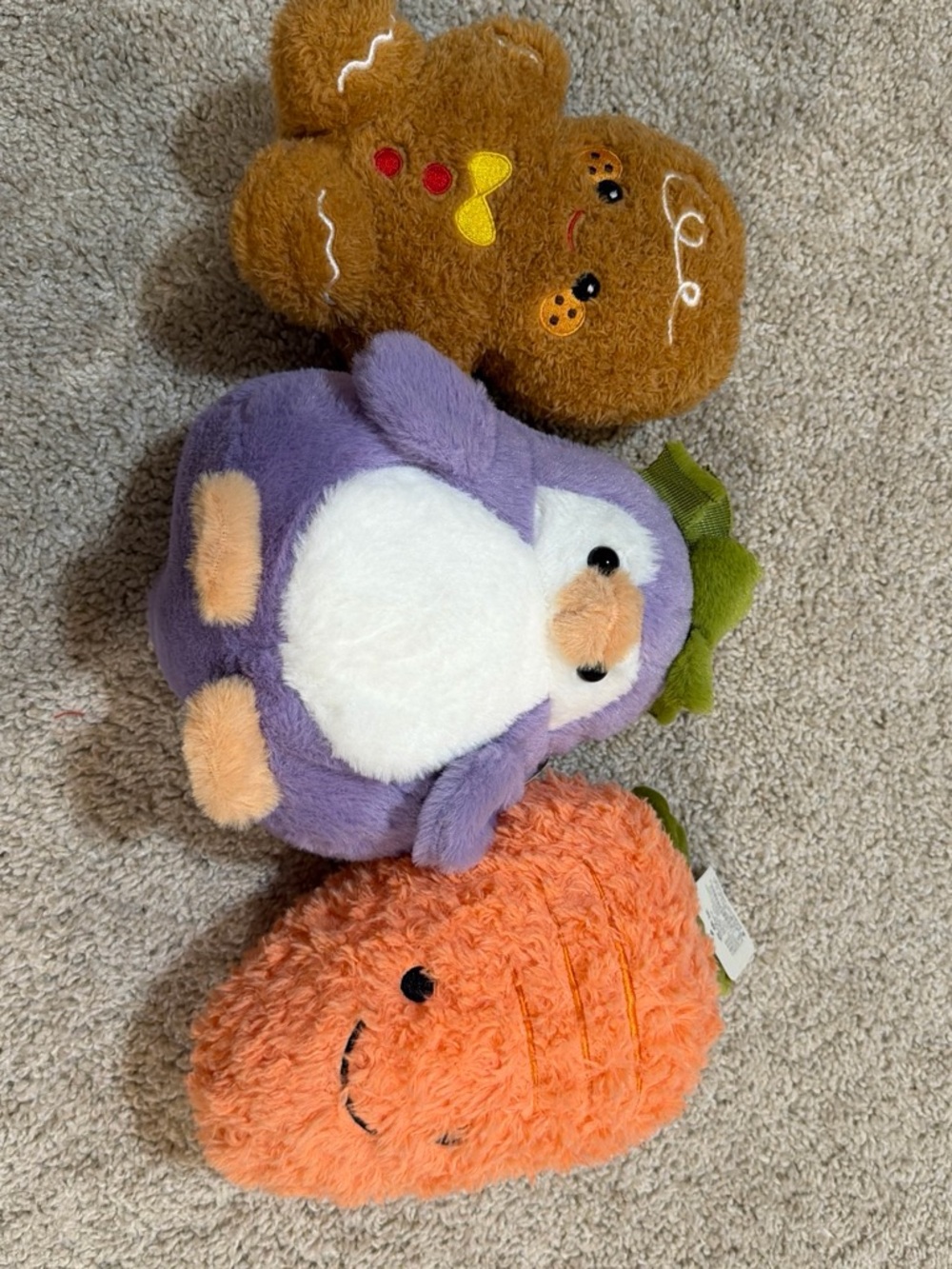 Plush Small Pet Toys - Purple Penguin, Orange Carrot & Brown Gingerbread Set